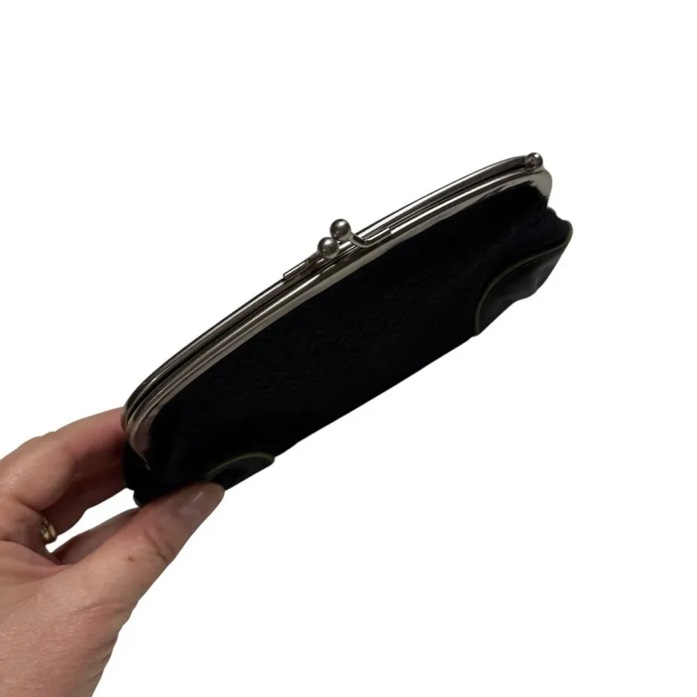 Talbots Leather & Fabric Kiss Lock Mini Clutch Black Green Piping